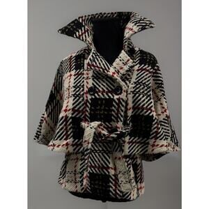 Steve Madden Tweed Cape jacket Cream Black Red Plaid Size S/M